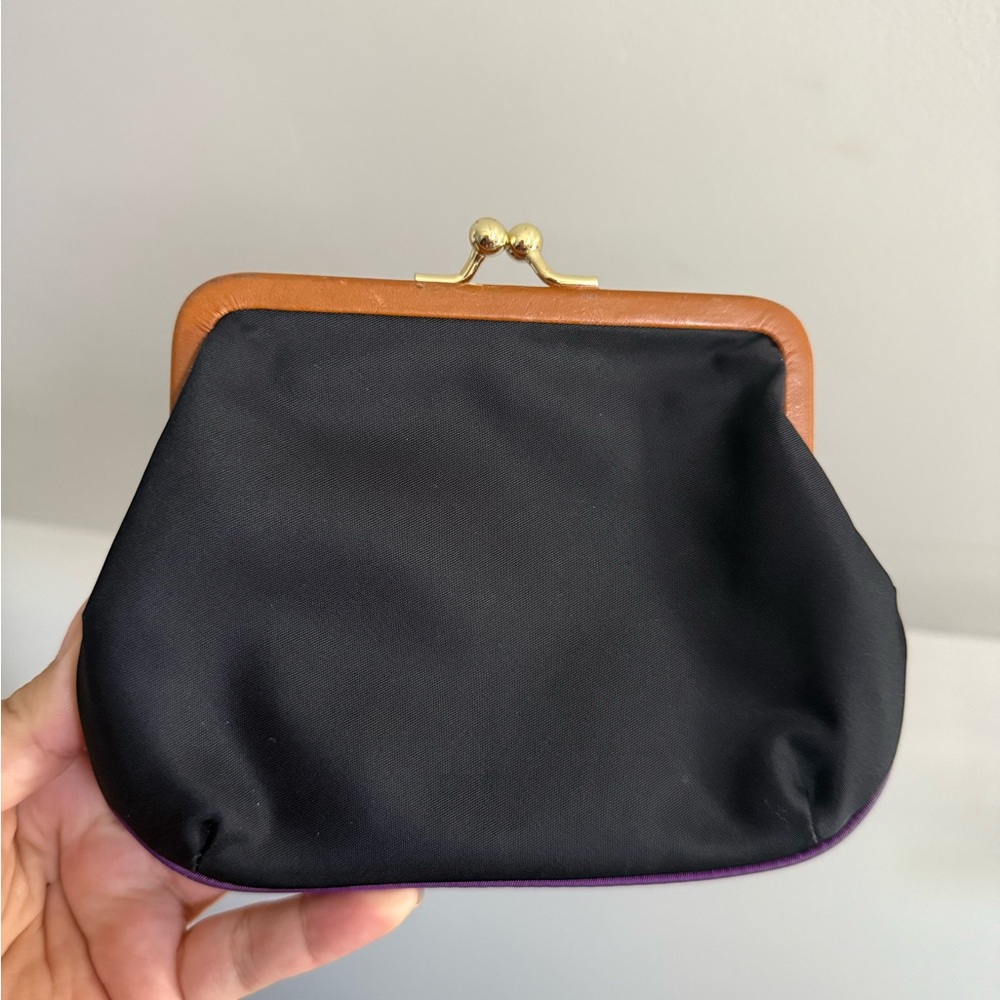 Dooney & Bourke Kisslock Nylon Black and Brown Clasp Coin Purse Purple Trim - Picture 2 of 9